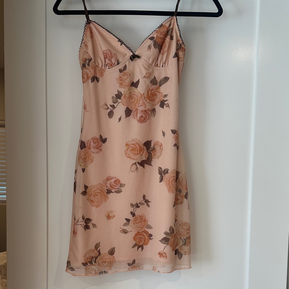 Cotton Candy Floral Mini Dress - Peach and Brown